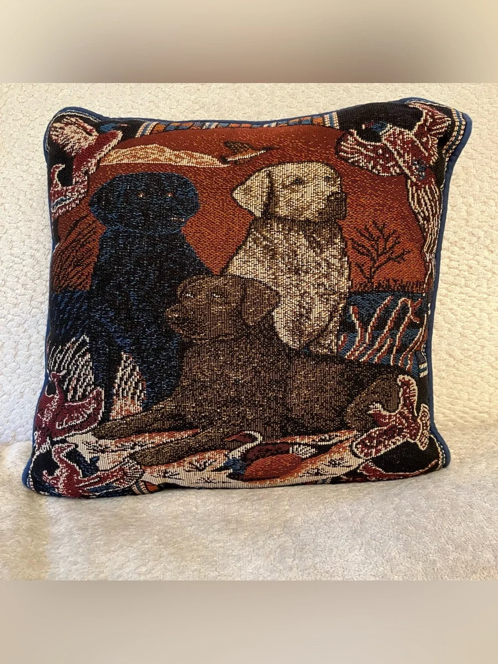 VTG Tapestry Labrador Dogs Throw Pillow Hunting Camp Duck Cabin 12.5in Square